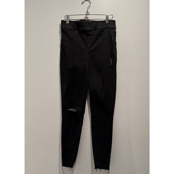 Spanx Size Medium Distressed Skinny Jeans Pull On Black Stretch Ankle - Picture 1 of 8